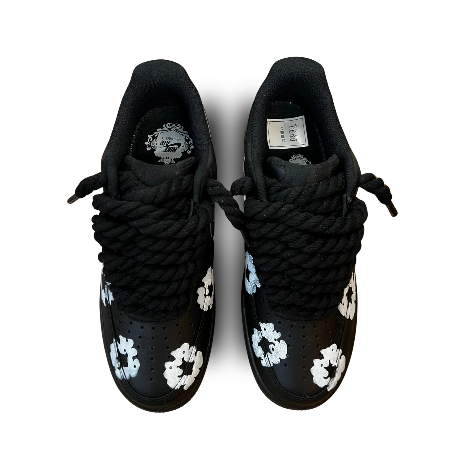 Nike Air Force 1 Low Black Denim Tears Custom Rope Lace Felülnézet